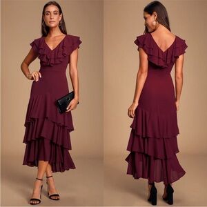 Lulus Exclusive Betsey Burgandy Ruffled Midi Dress Size Small NWT Tiered Ruffle